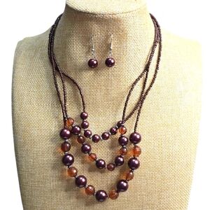 Treska Plum Purple Amber Multi Strand Beaded Statement Necklace Earrings Set New